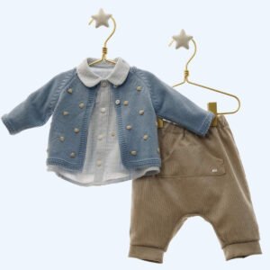 Conjunto tres piezas azul y camel